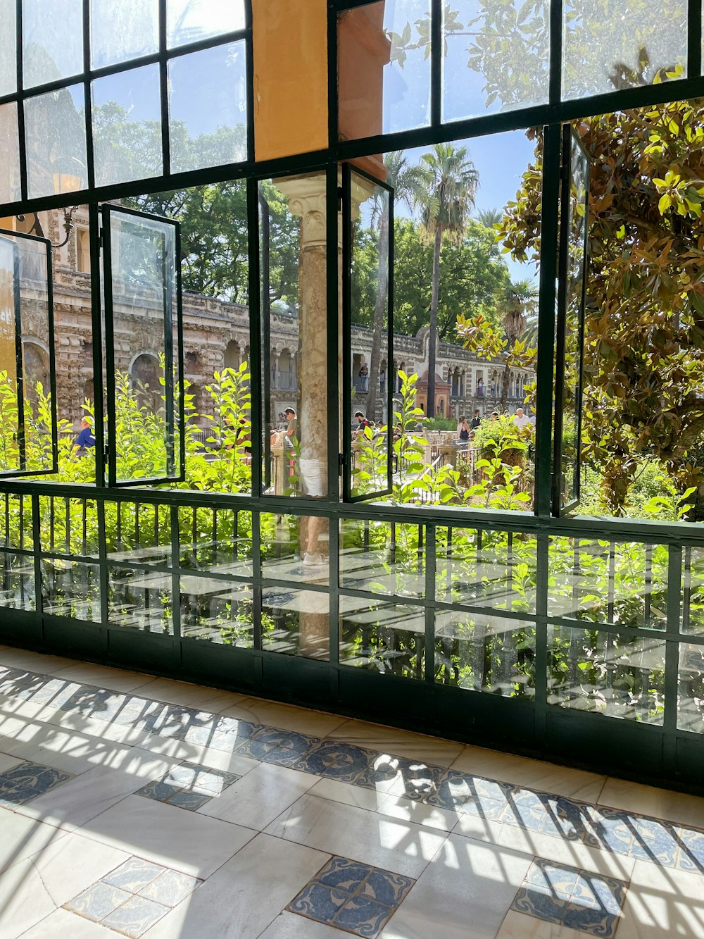 a view of a building through a glass window