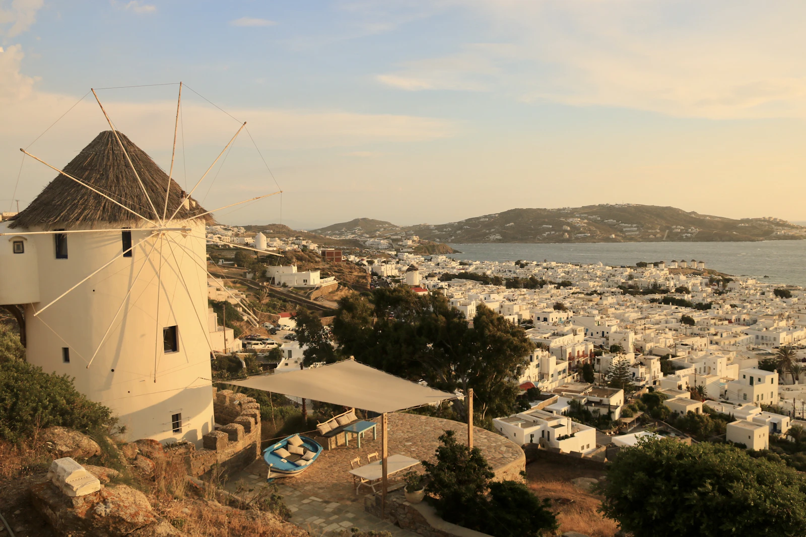 Mykonos windmills and whitewashed island architecture in Greece