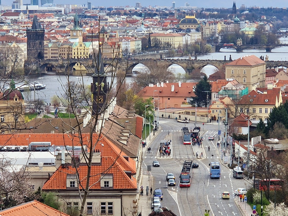 a view of a city with a river in the background