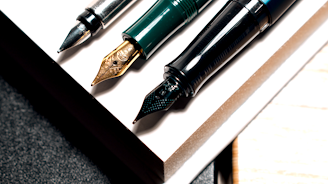 three pens sitting on top of a white box