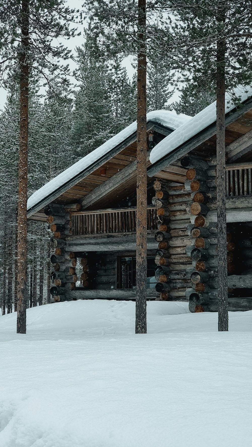 a log cabin in the middle of a snowy forest