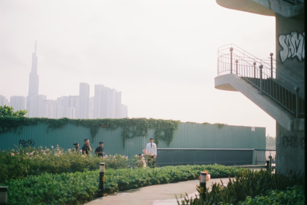 a group of people standing on top of a lush green hillside