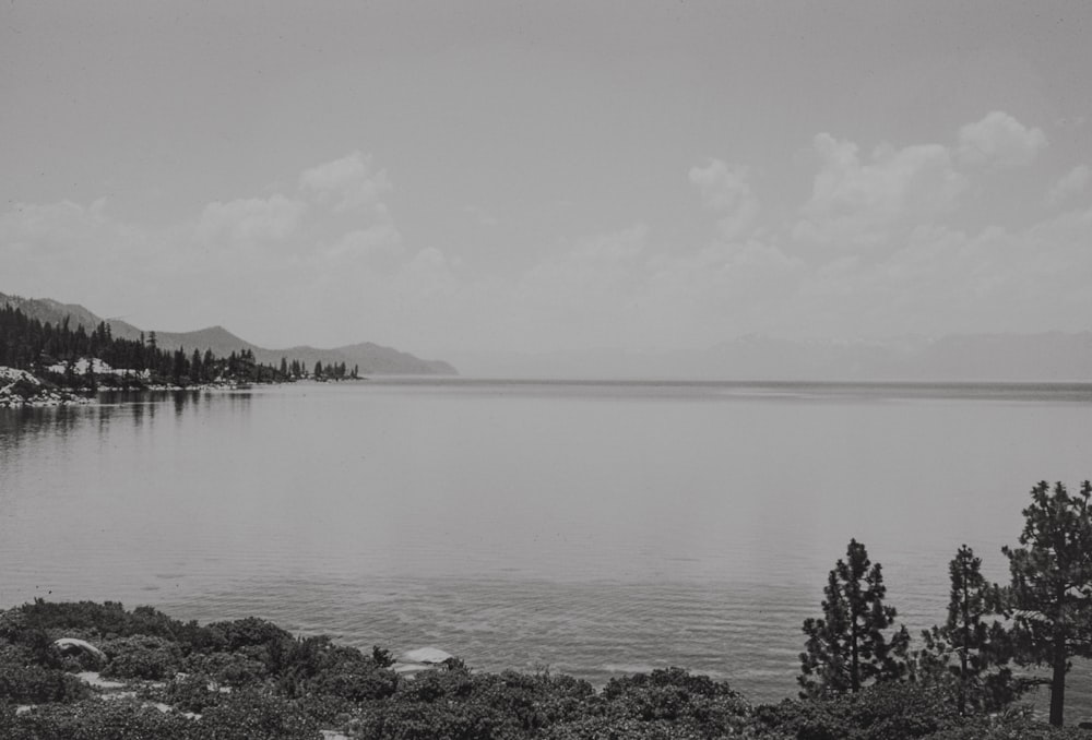 a black and white photo of a lake