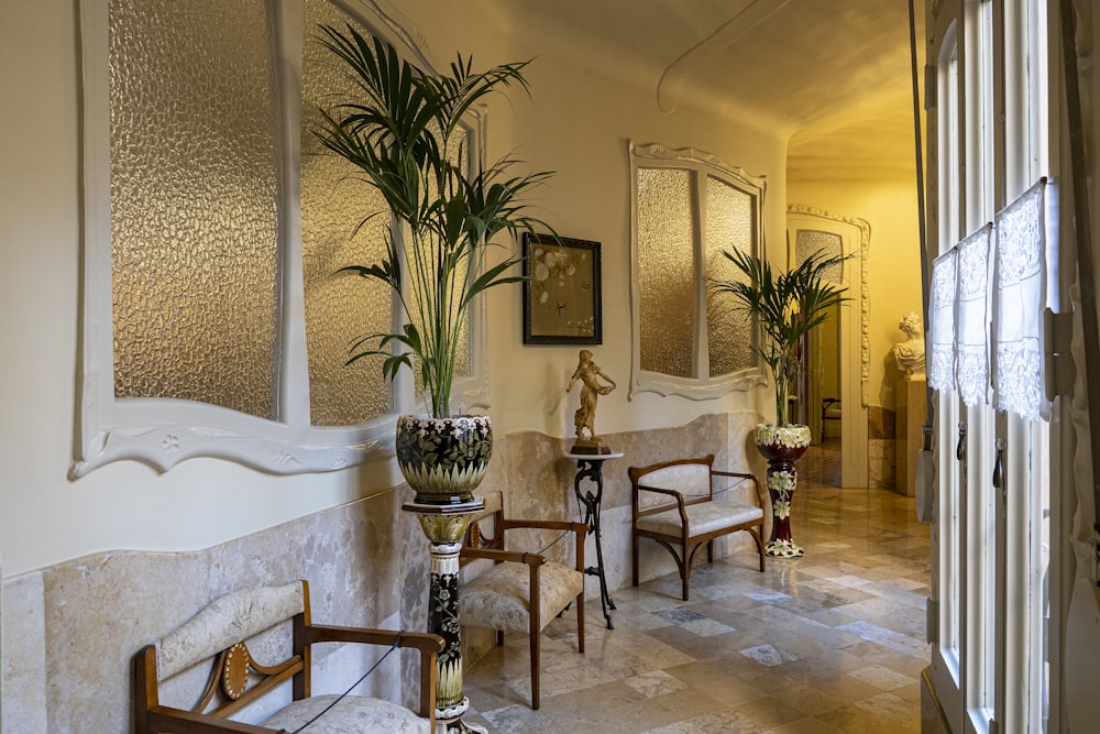 a living room filled with furniture and potted plants