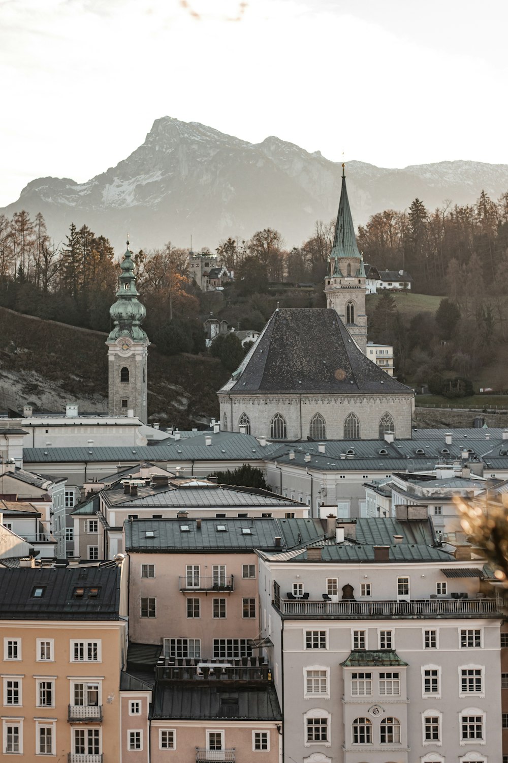 a view of a city with mountains in the background