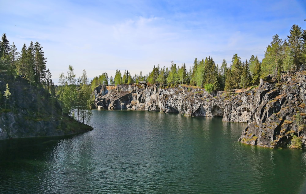 a large body of water surrounded by trees