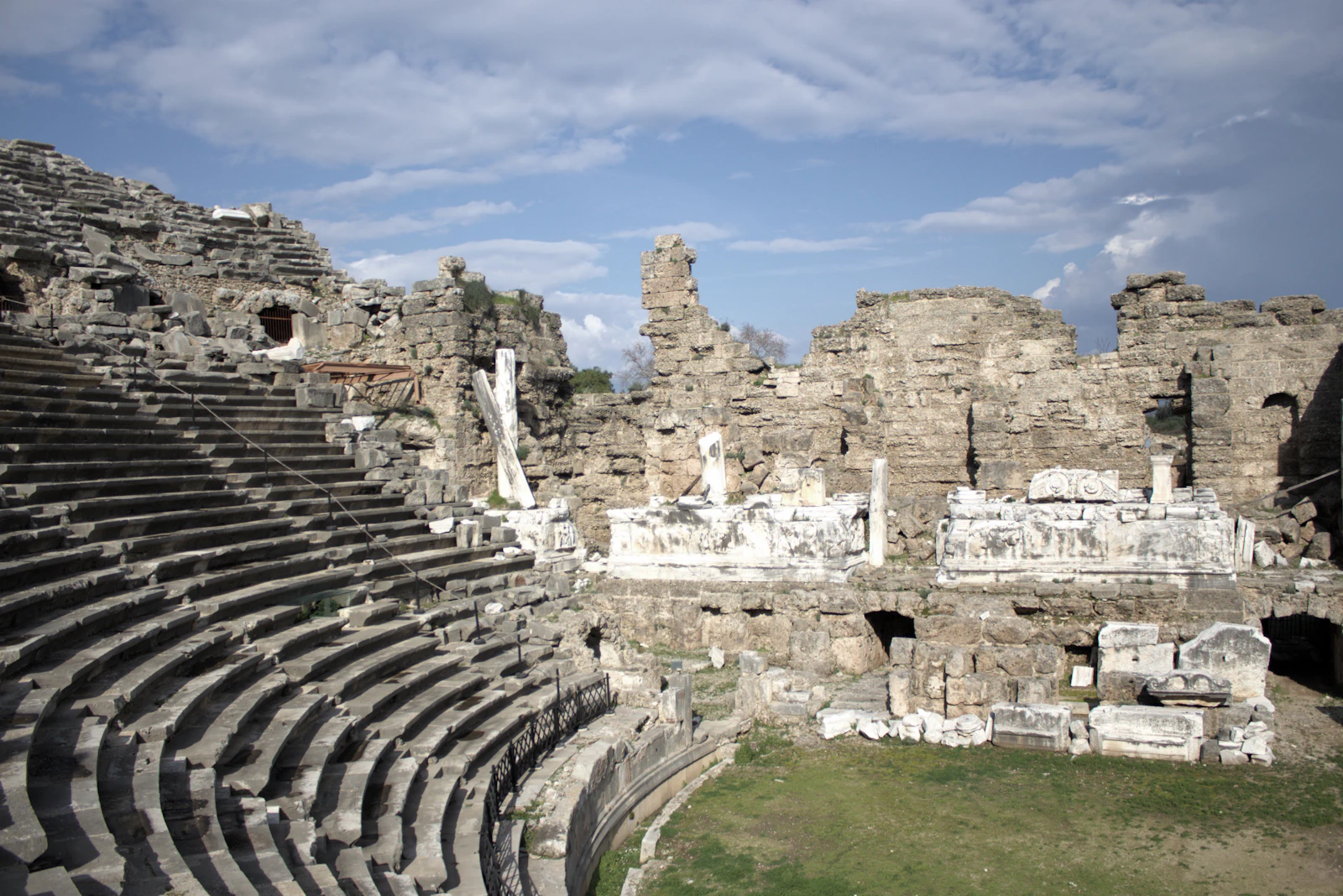 The Roman theatre at Side, rows of seats above the ruined city