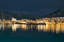 a night time view of a city and a body of water