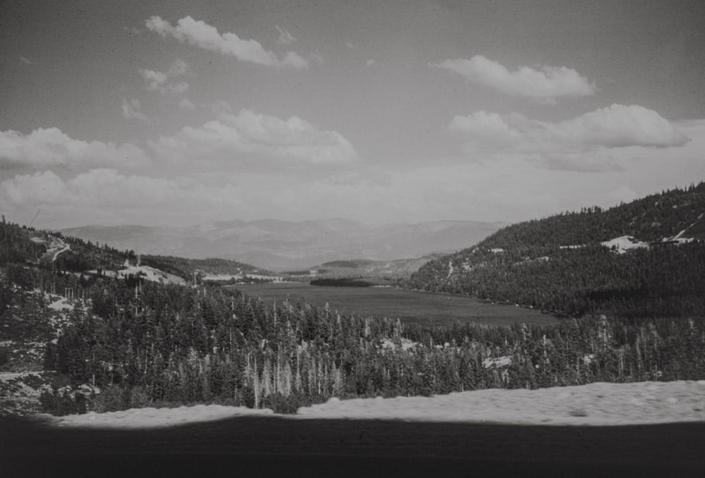 uma foto em preto e branco de montanhas e árvores