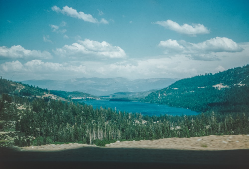 a scenic view of a lake surrounded by trees