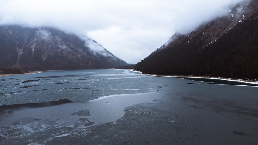 a large body of water surrounded by mountains