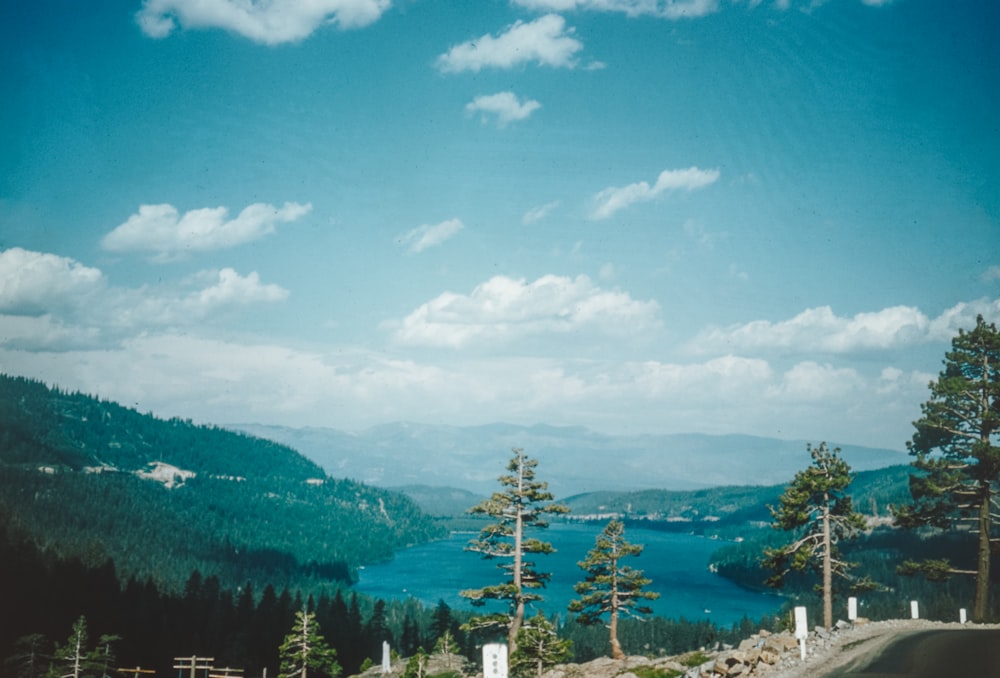 a scenic view of a lake surrounded by trees