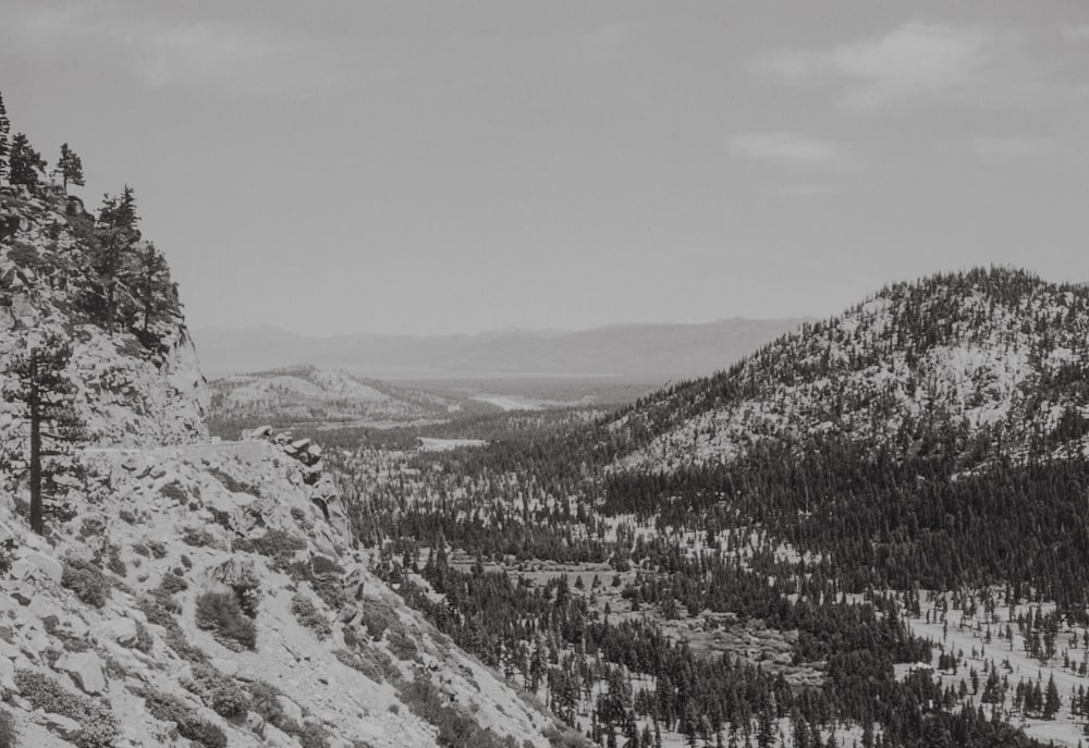 a black and white photo of a snowy mountain