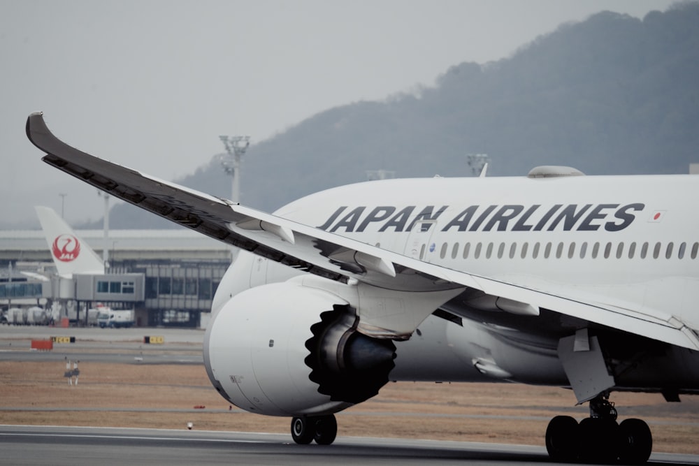 a japan airlines plane on the tarmac at an airport