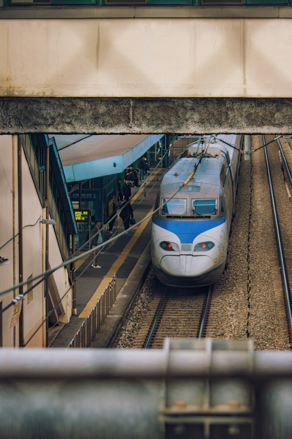 a blue and white train traveling down train tracks