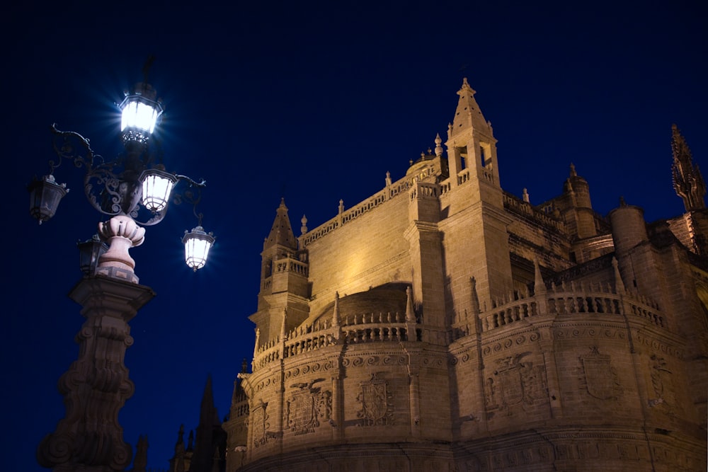 a street light with a castle in the background
