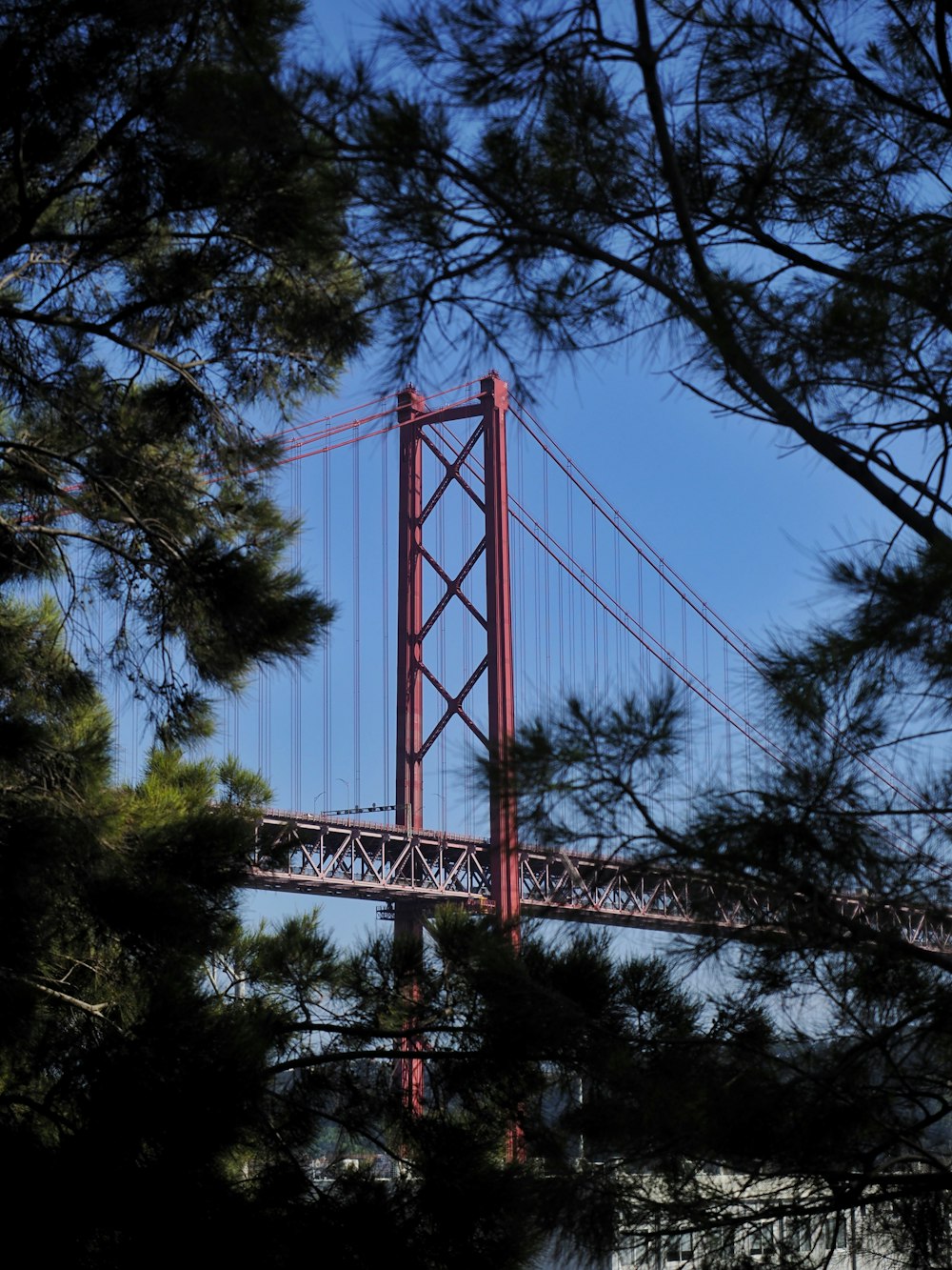 a large red bridge spanning over a large body of water