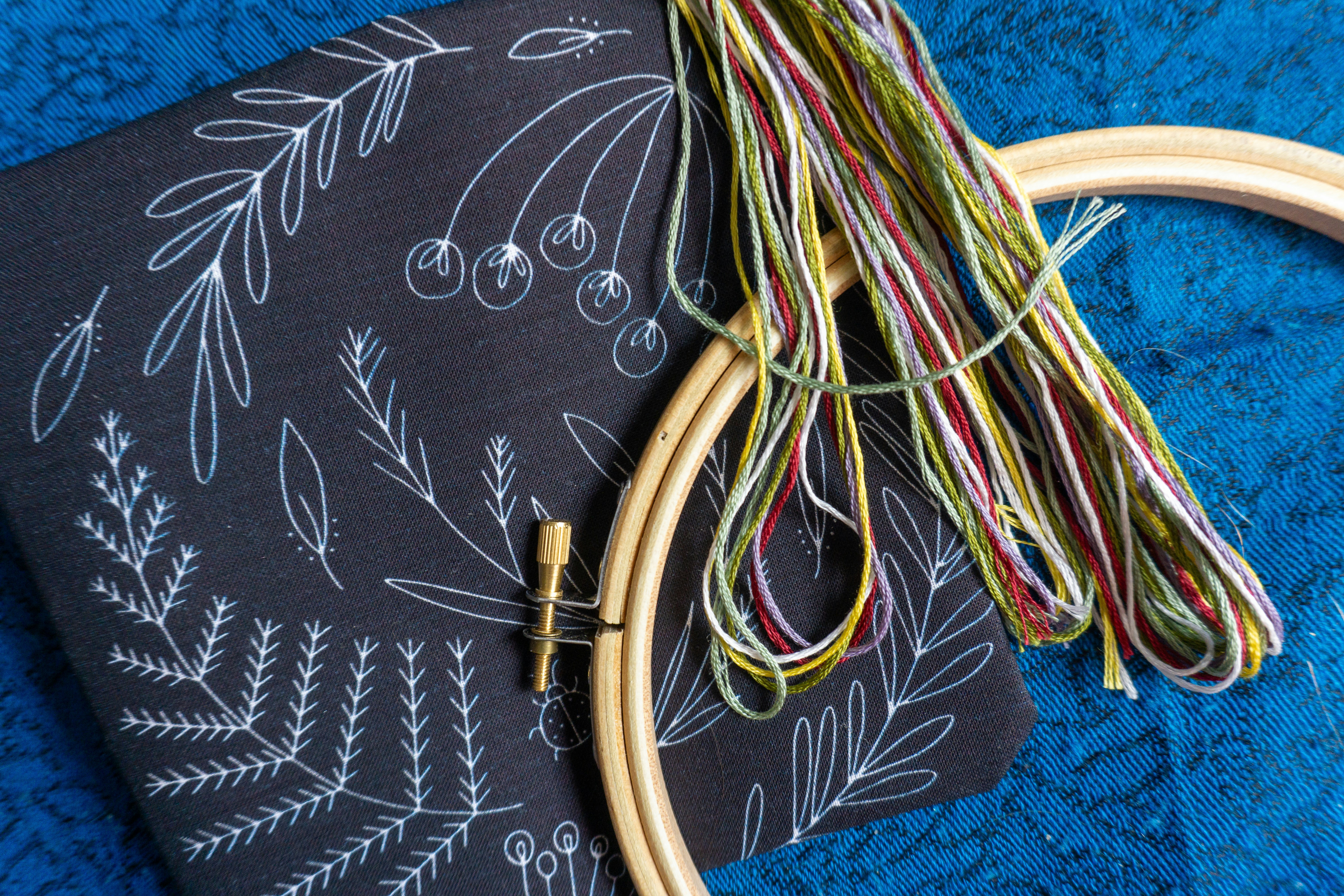 a close up of a piece of cloth with a wooden hoop