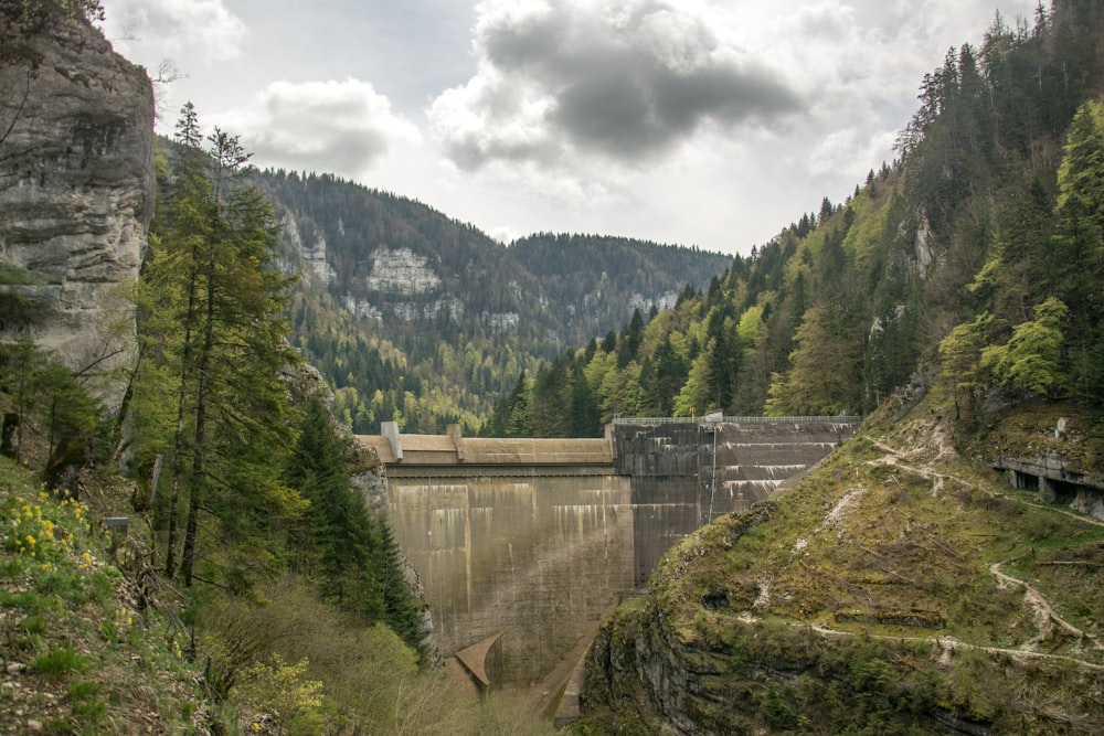 a dam in the middle of a forest with mountains in the background