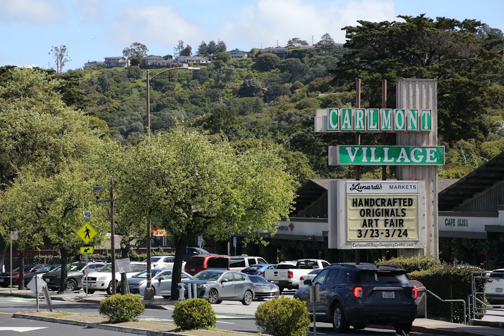 a parking lot with cars parked on the side of the road