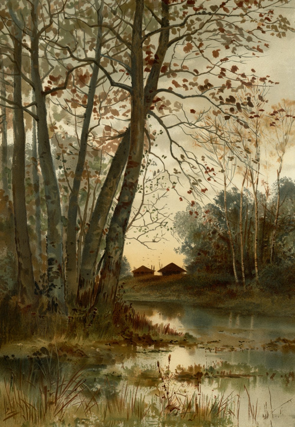 a painting of a wooded area with a lake