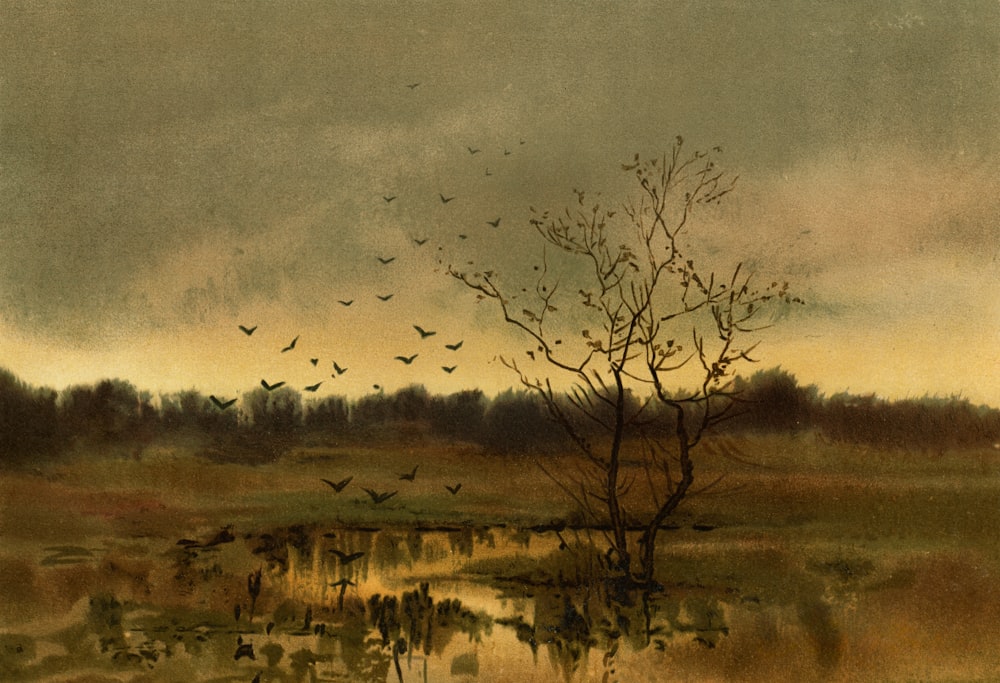 a painting of birds flying over a pond