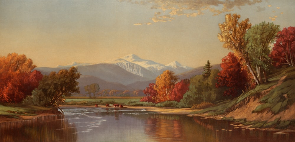 a painting of a river with mountains in the background