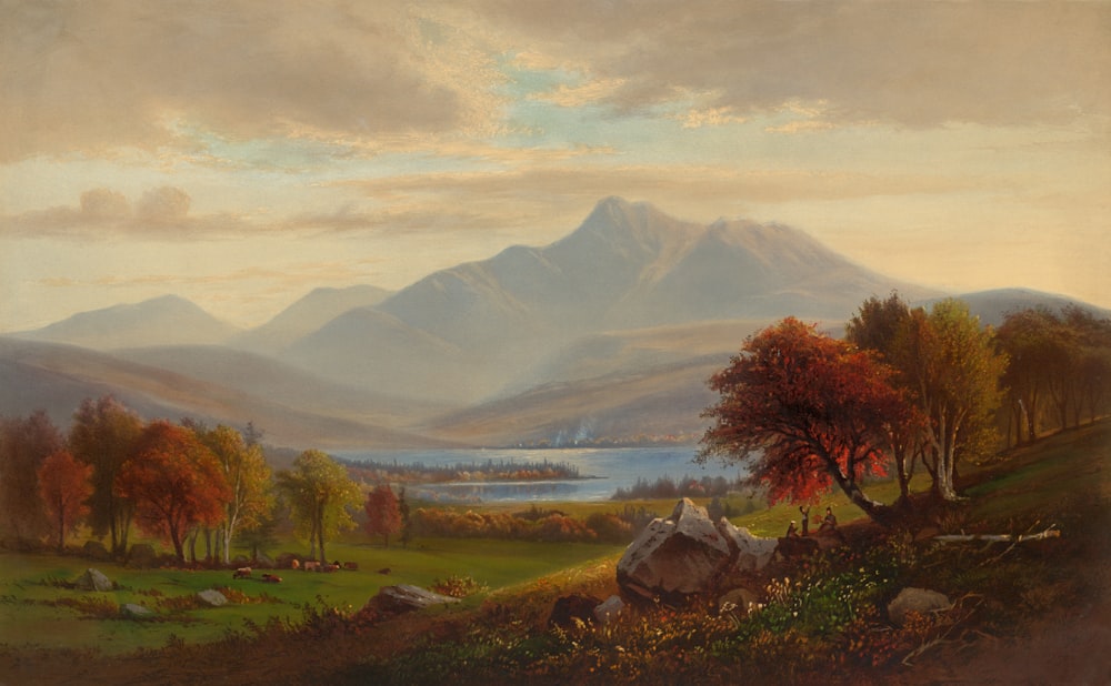 a painting of a mountain landscape with a lake in the distance