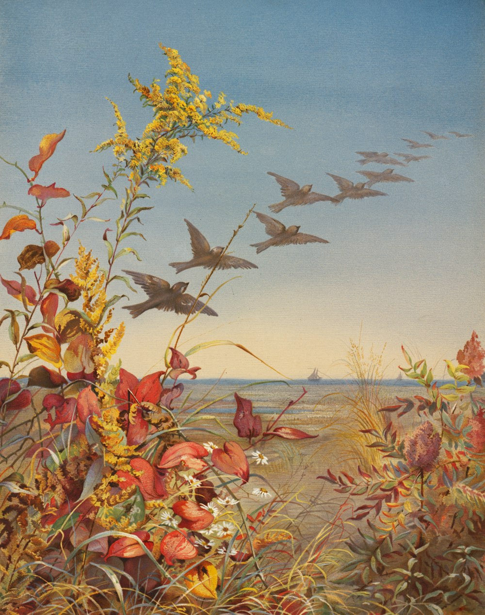 a painting of birds flying over a field of flowers