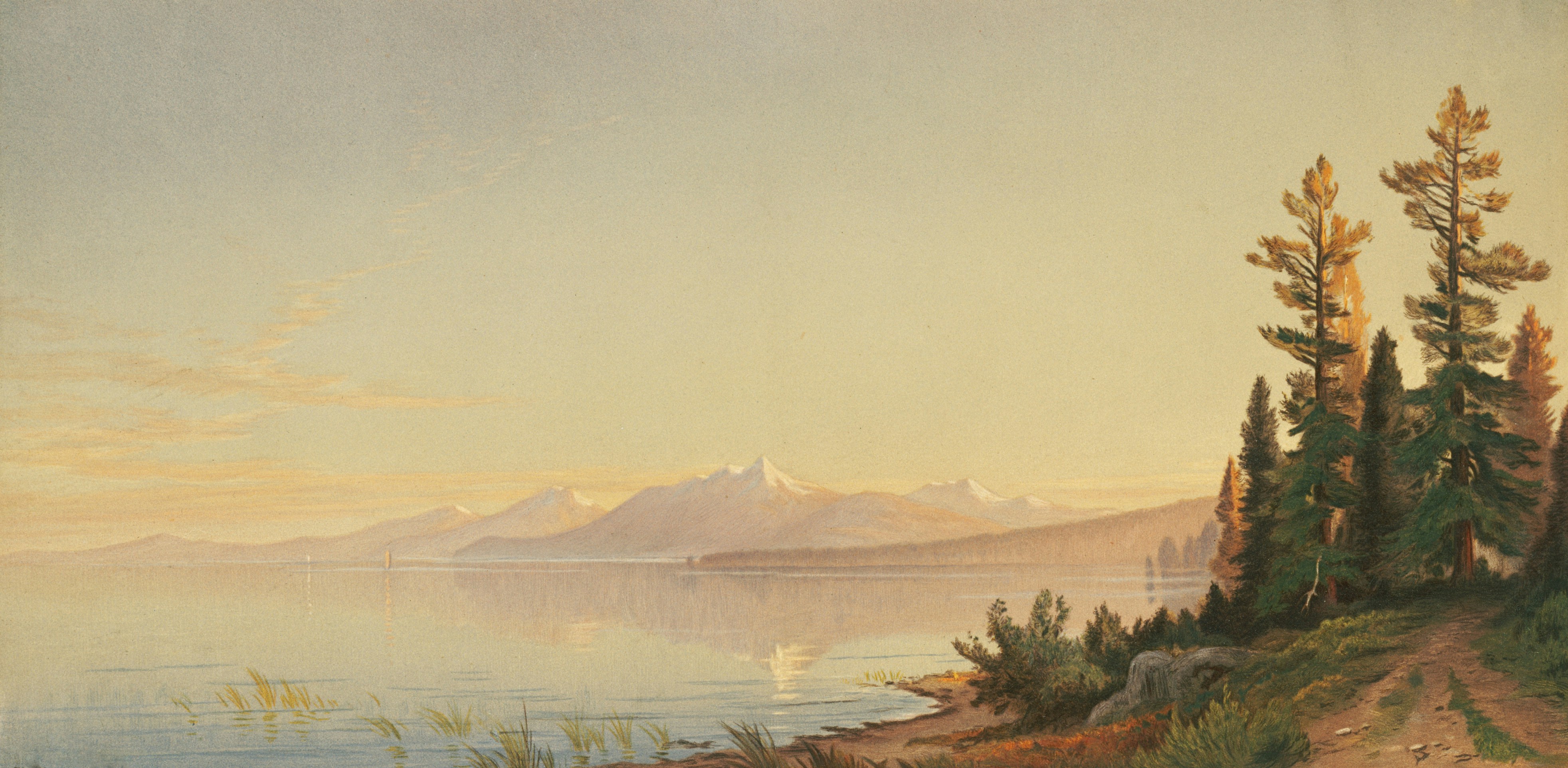 a painting of a lake with mountains in the background