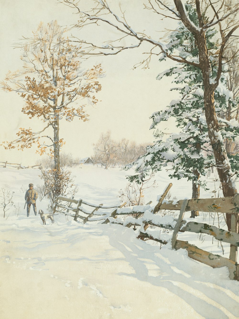 a painting of two people walking through the snow