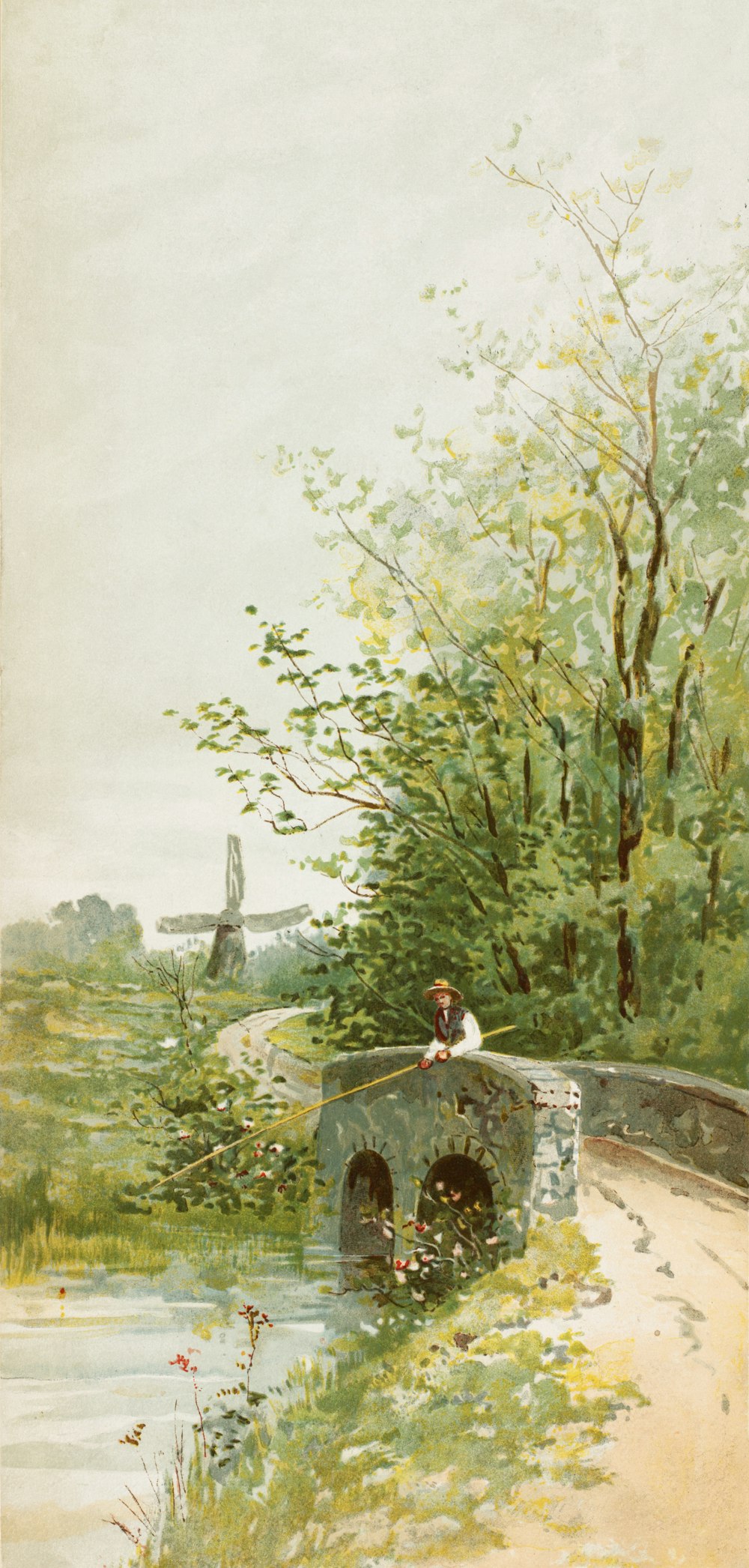 a painting of a person sitting on a bridge