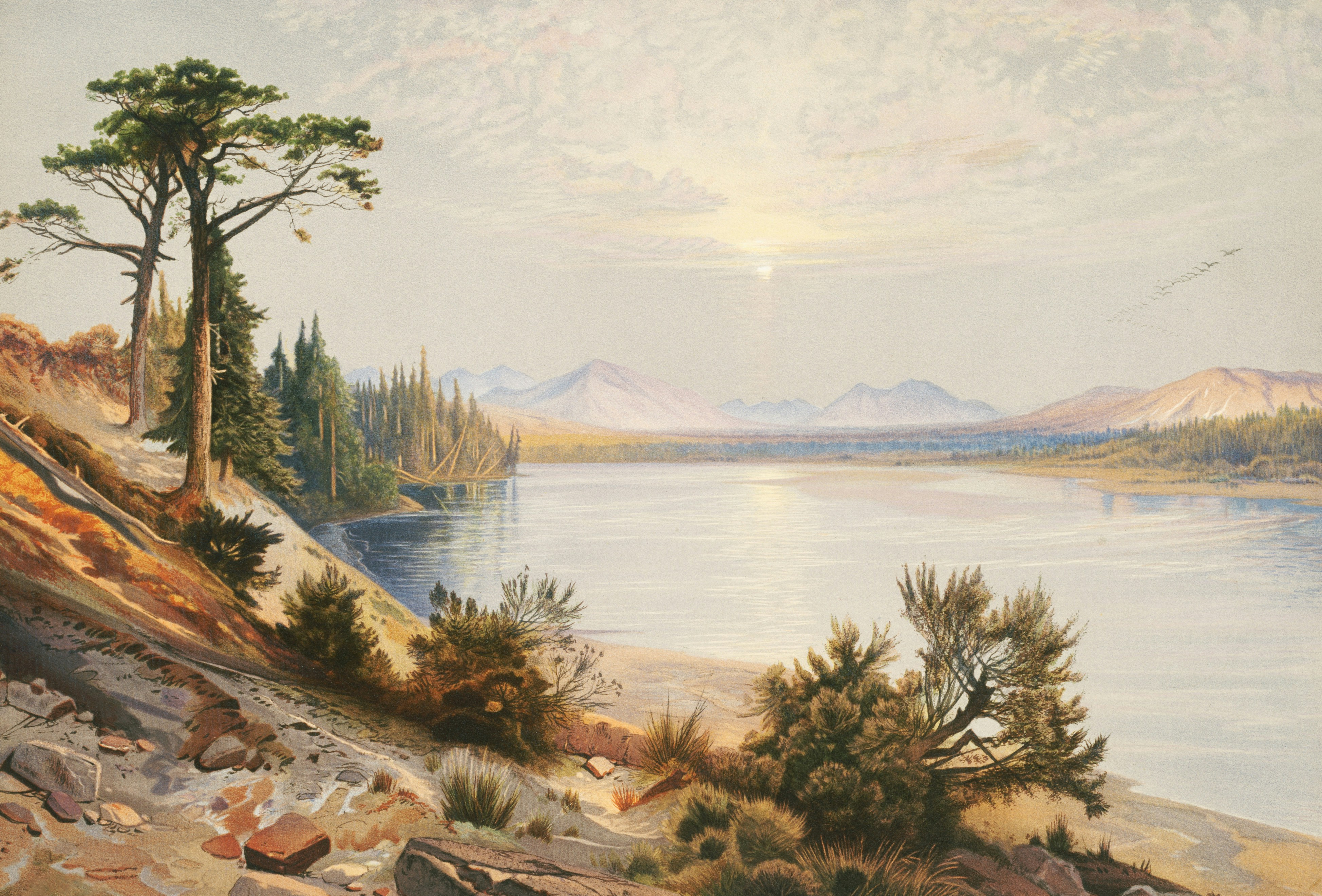 a painting of a lake surrounded by trees