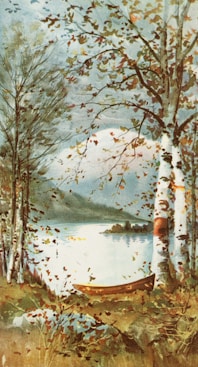 a painting of a lake surrounded by trees