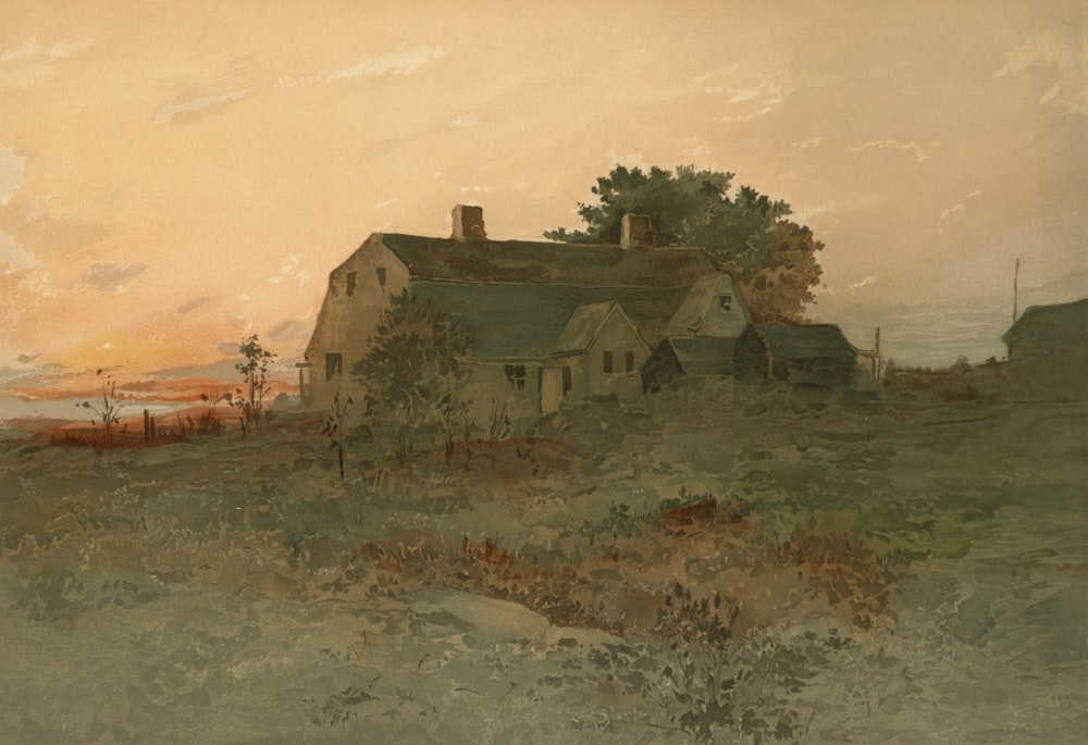 a painting of a house in a field