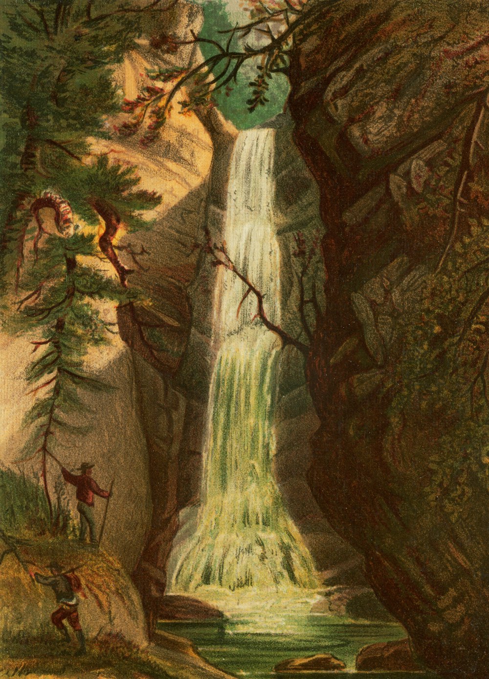 a painting of a waterfall surrounded by trees