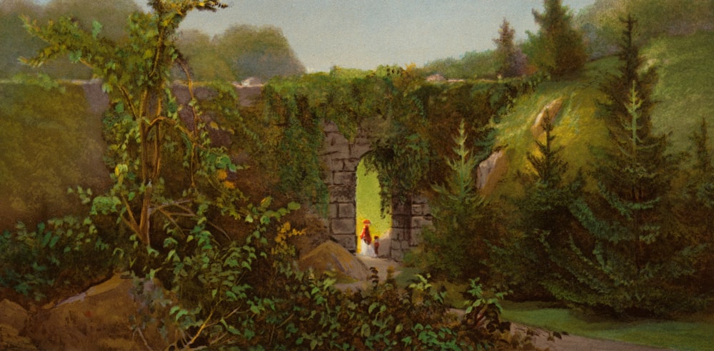 a painting of a person walking into a tunnel