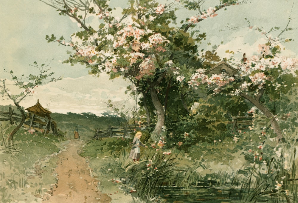 a painting of a woman walking down a dirt road