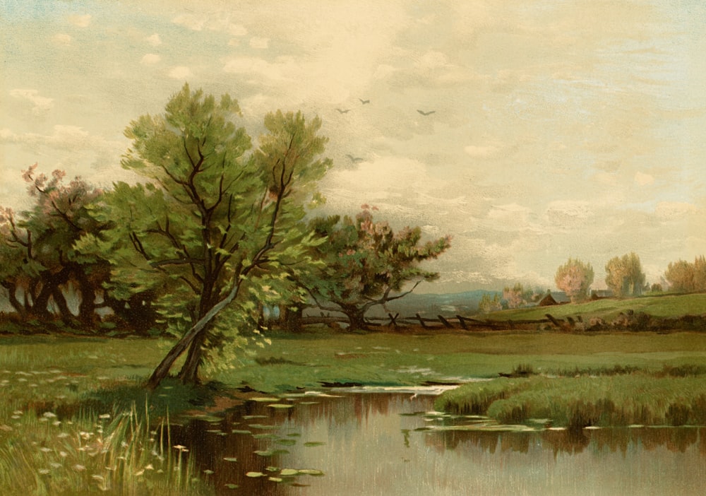 a painting of a pond in a field