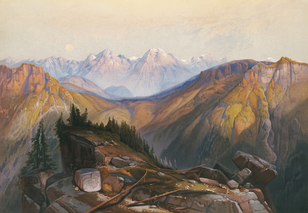 a painting of a mountain scene with rocks and trees