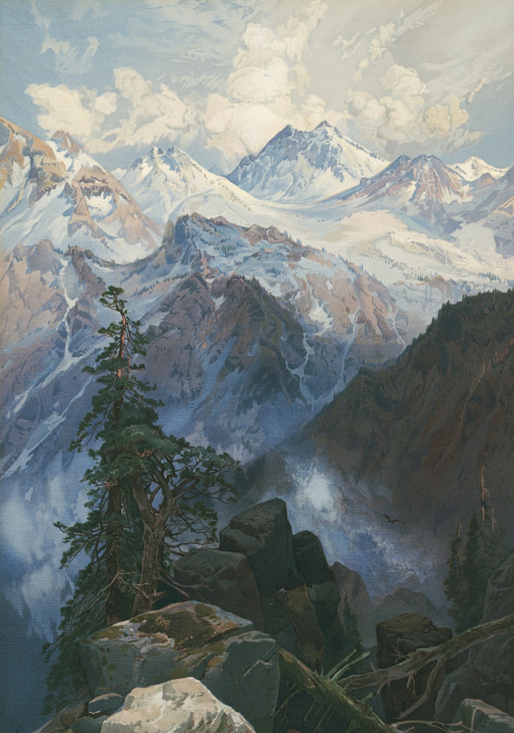 a painting of a mountain range with a pine tree in the foreground
