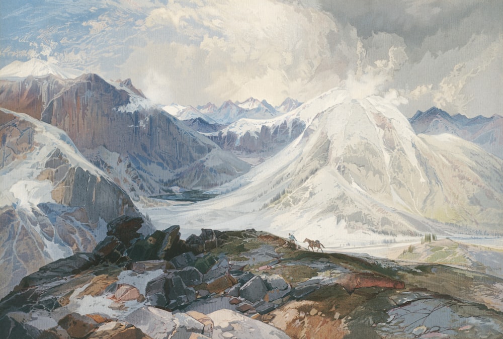 a painting of a mountain range with a cloudy sky