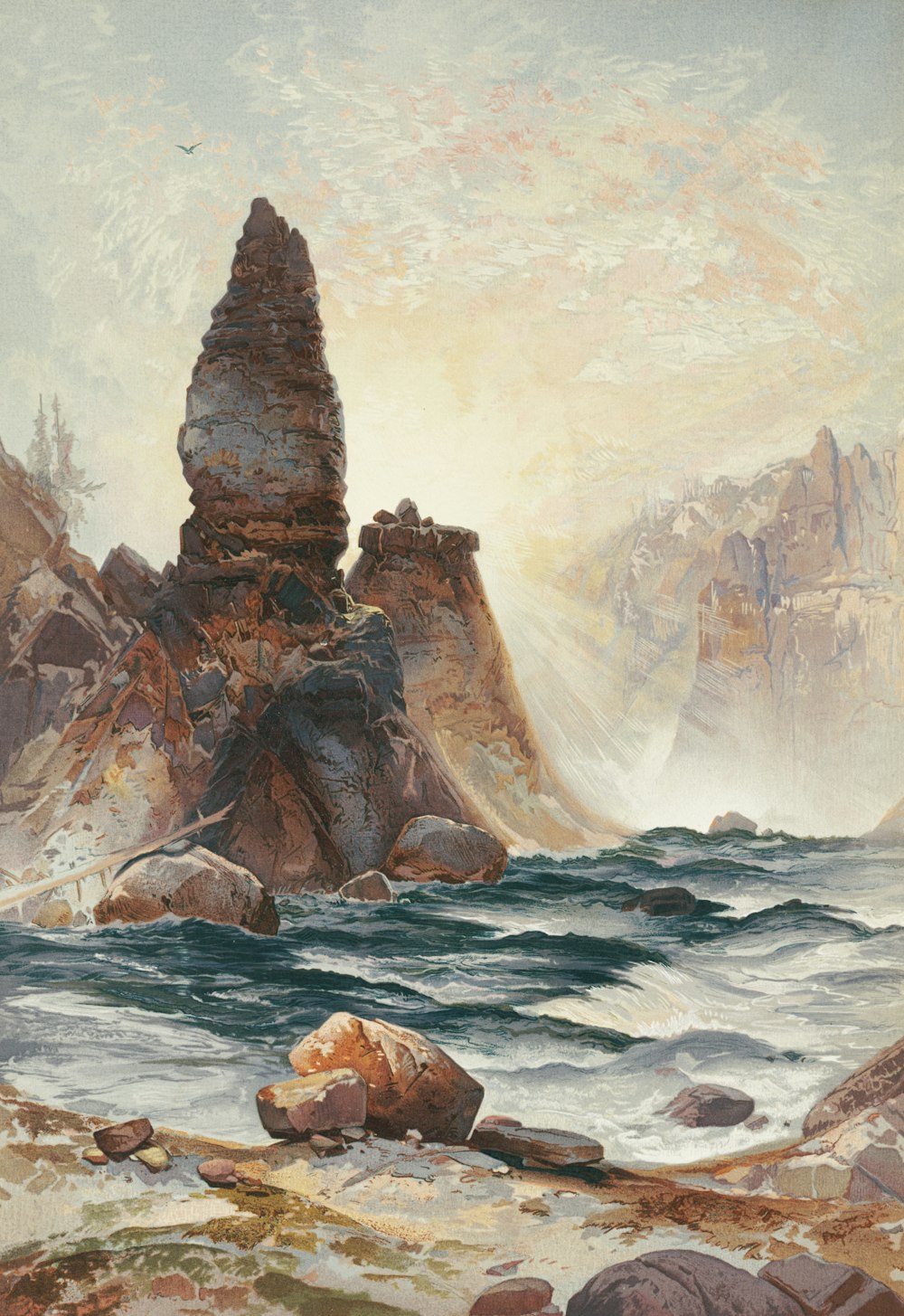 uma pintura de uma costa rochosa com um farol ao longe