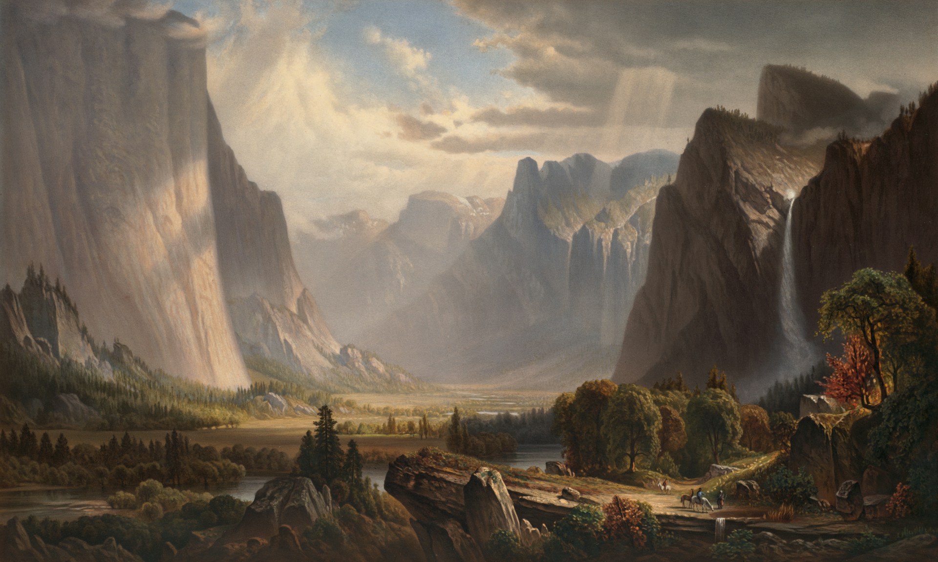 a painting of a mountain landscape with a river in the foreground