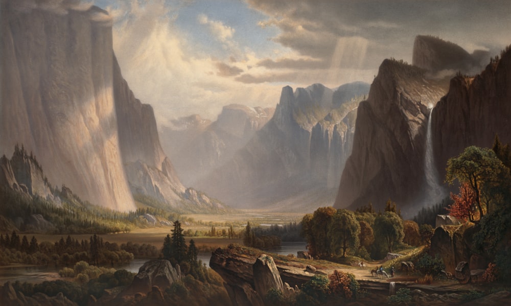 a painting of a mountain landscape with a river in the foreground