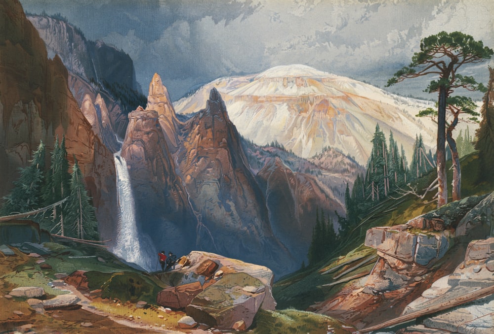 a painting of a mountain scene with a waterfall