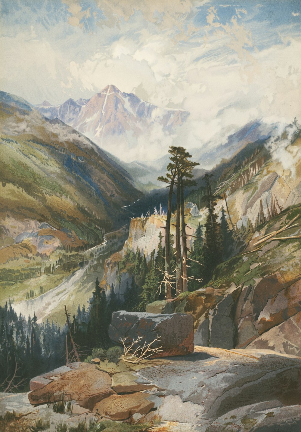 a painting of a mountain scene with trees and rocks