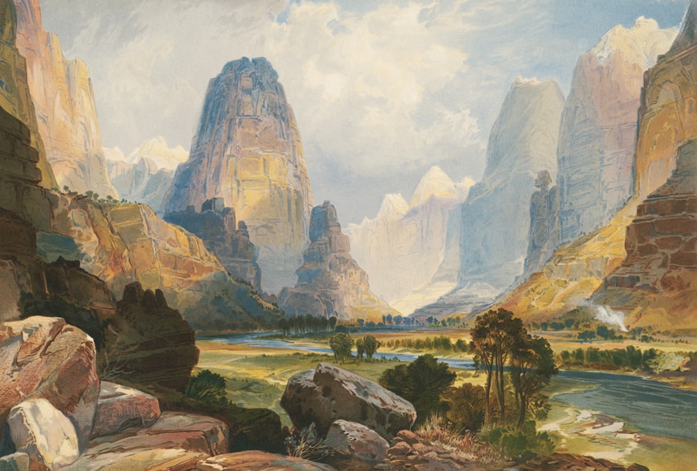 a painting of a rocky landscape with mountains in the background
