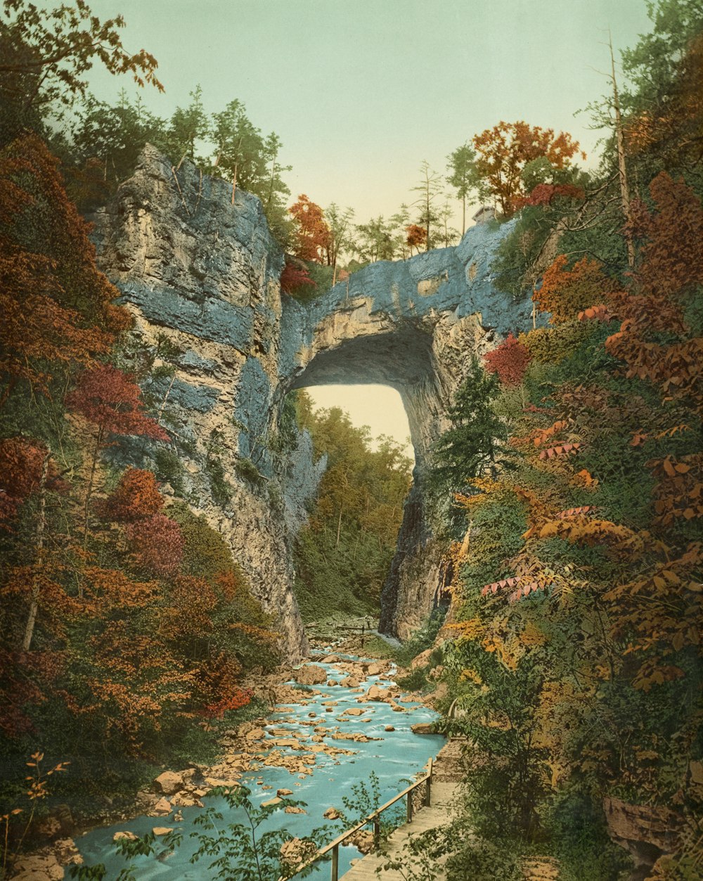 a painting of a river flowing under a bridge