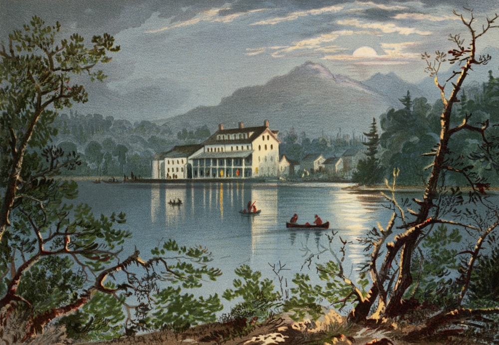 a painting of a house on a lake